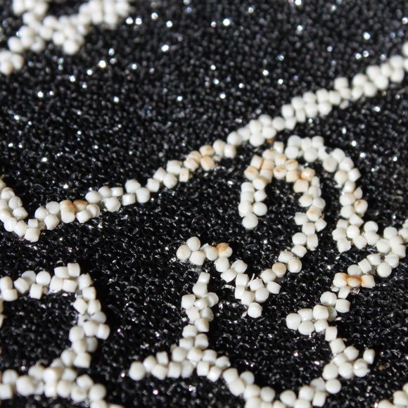 VTG 70s Black/Cream Glittery Metallic Floral Beaded Button-Up Disco Shirt - Picture 12 of 14